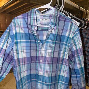 Tommy Bahama Button Up Shirt Men Medium Blue Purple Plaid Long Sleeve Casual